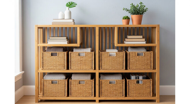 Wooden bookshelf with wicker baskets and potted plants on gray wall