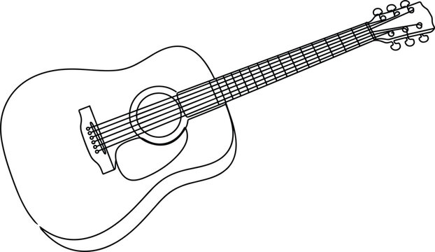 Acoustic guitar outline illustration featuring string musical instrument with wooden body frets and classic music performance concept vector design