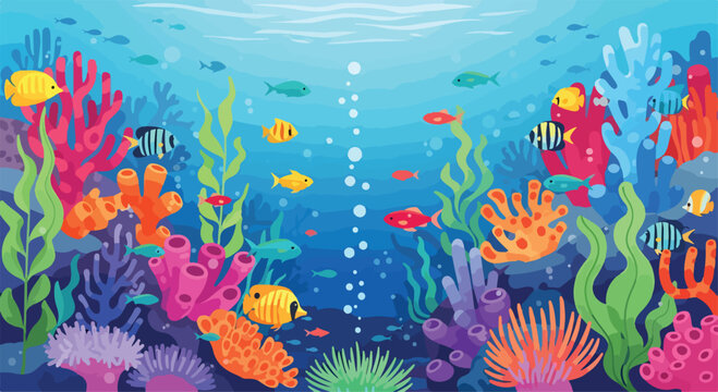 A vibrant underwater coral reef scene teeming with fish and sea life
