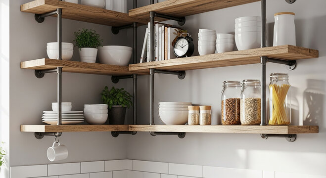 Wooden Shelves with White Dishes and Kitchen in a Corner kitchen corner shelves black pipes