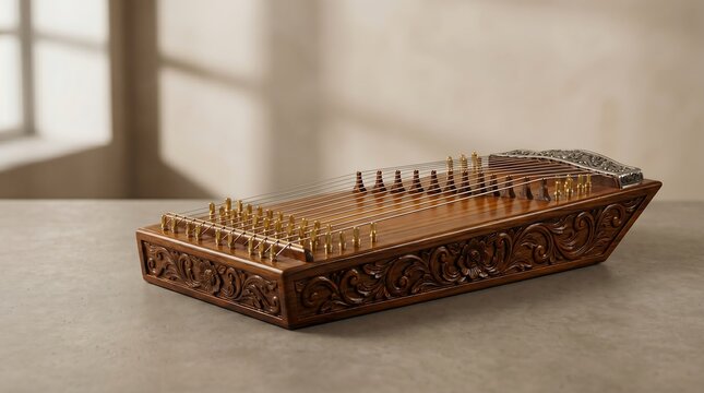 Javanese Siter Zither String Instrument &ndash; Elegant Traditional Wood Carving Close-Up