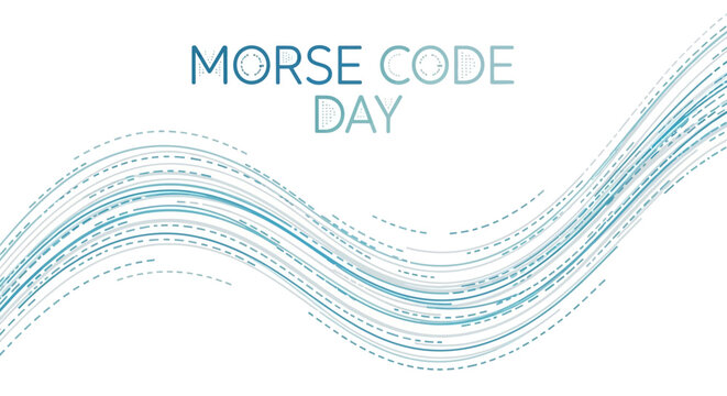 An abstract vector illustration celebrates Morse Code Day with flowing blue dot-dash signals against a clean white background, representing vintage telegraph communication technology