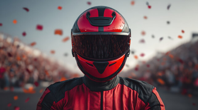 Red helmet racing suit helmet visor race driver motorsport speed sport protective gear front view portrait