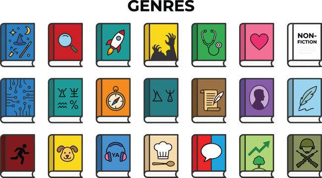 Book genres icon set featuring literature categories fiction science history romance education and themed reading collection colorful vector design