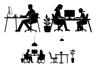 Fototapeta premium Co-working space icon set with solid black silhouette on white background featuring co-working, office, workspace, meeting with business and collaboration, design