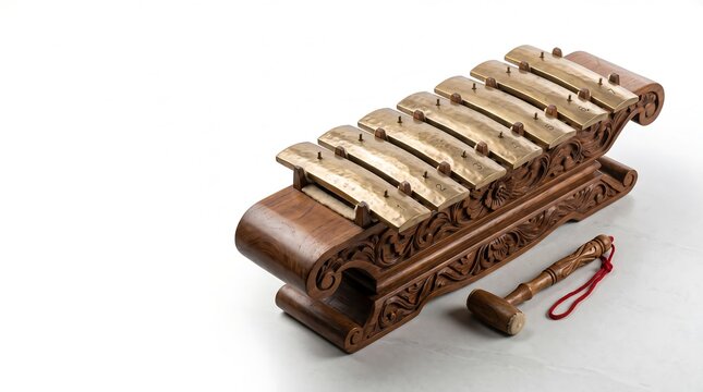 Traditional Javanese Saron Bronze Metallophone on Carved Teak Wood &ndash; Isolated on White Background