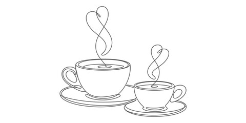 Two coffee cups with heart shaped steam in a continuous single line drawing style Vector, illustration © Surjo Stocker_2026