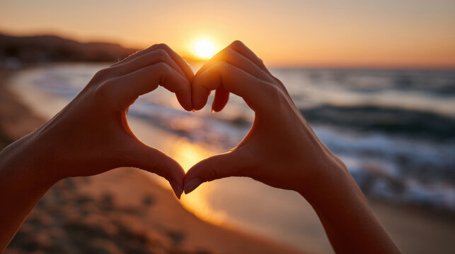 Hands heart shape sunset beach ocean background warm light romantic gesture love symbol silhouette hands shoreline view golden hour summer vacation