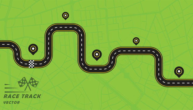 Creative vector illusion of race track or road symbol isolated on green background.