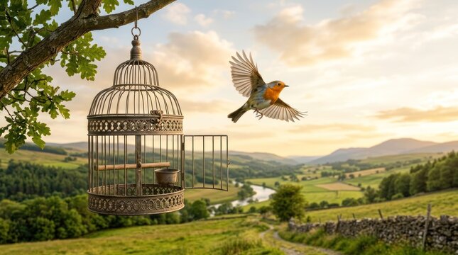 A bird flying out of a cage with a scenic landscape in the background.