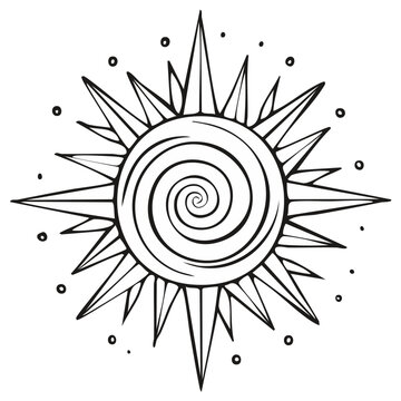Stylized sun emblem with spiral center and sharp rays emitting light and energy