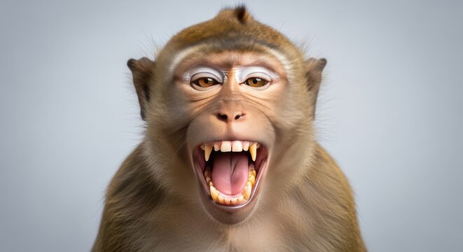 Close-up of a macaque monkey with mouth open, showing teeth and tongue, grey background