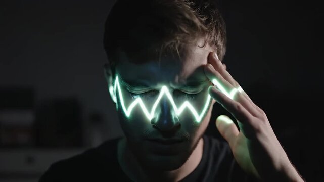 A Man Experiencing a Head Related Pain with Neon Light Projections Visuals