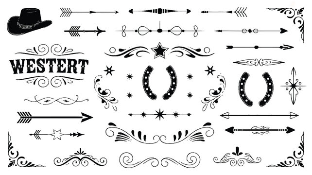 Black and white vintage western decorative elements set, featuring arrows, borders, flourishes, and ornaments for wild west themed design projects