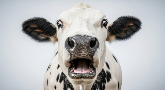 Close-up portrait of a surprised cow with wide eyes and open mouth, black and white spots