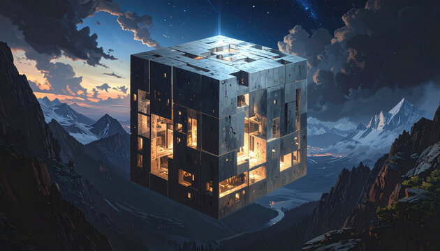 Futuristic alien monolith floating above a mountain landscape at twilight.