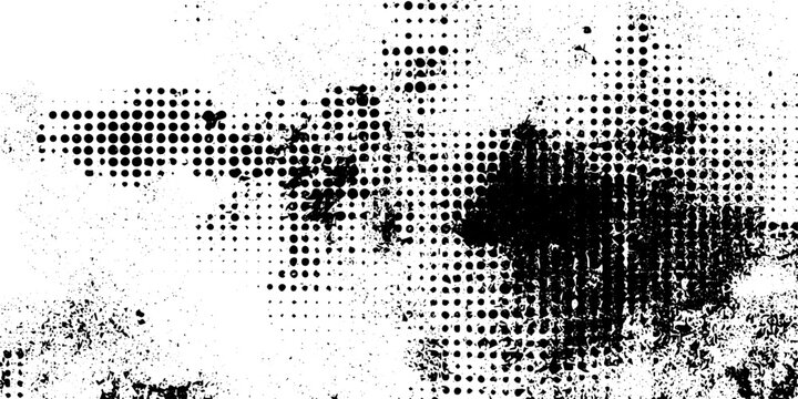 Abstract Black and White Grunge Halftone Texture Vector with Ink Splashes and Distressed Dot Patterns