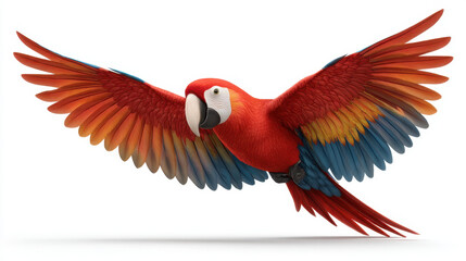 Obraz premium Scarlet macaw in flight with wide wingspan and bright feather color on white background