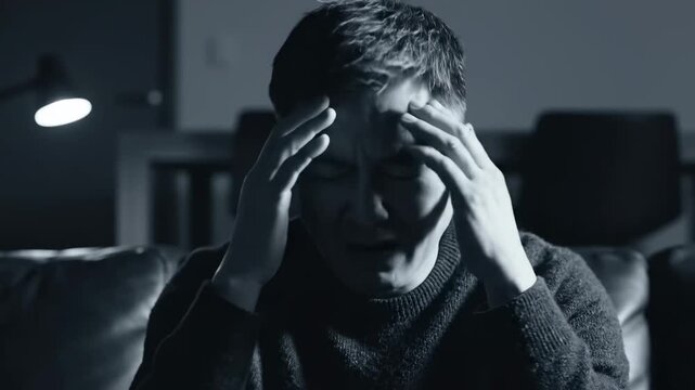 A Man Experiencing Emotional Anguish and Head Pain in A Darkened Living Room Scene