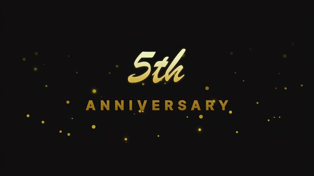 Animated golden fifth anniversary celebration text with shimmering particles and elegant light flares