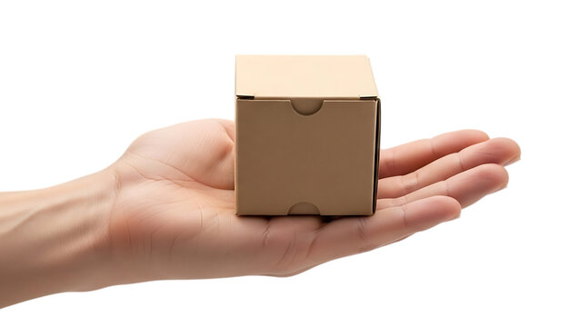 A small cardboard box is being held in the palm of a person's hand.