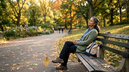 Fototapeta premium A woman sitting on a wooden bench in a park, surrounded by autumn leaves, with a serene expression on her face.