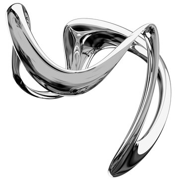 Abstract 3D chrome loose infinity loop, metallic fluid sculpture, isolated on white