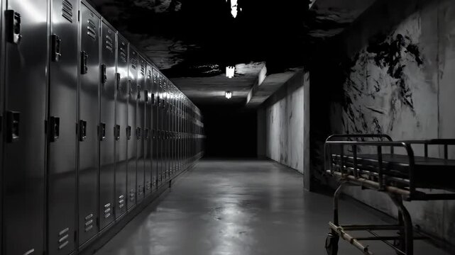 Dark Corridor With Lockers And A Gurney Provides A Sense Of Unease