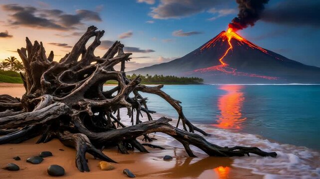 Erupting volcano by the ocean with ancient driftwood on sandy shore. Prehistoric landscape scene representing geological change and earth cataclysm in nature.