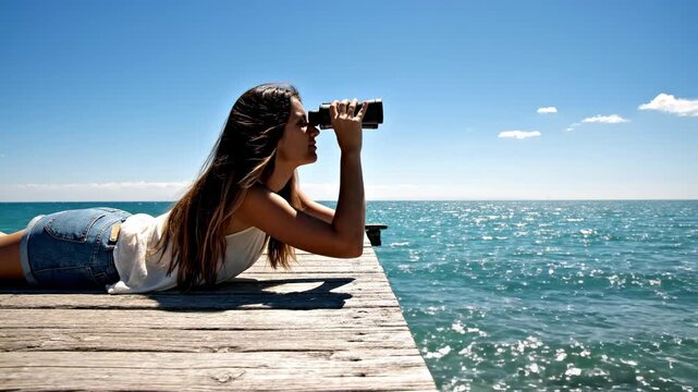 Woman Looking Through Binoculars on Wooden Pier at Sea
