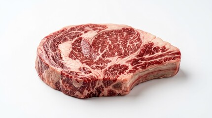 Fototapeta premium A raw, bone-in ribeye steak with a marbled texture and a rich red color on a white background.