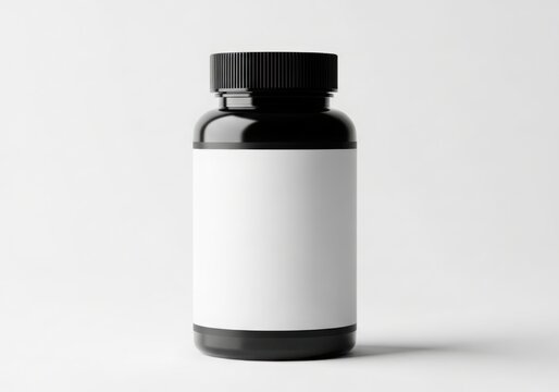 Empty black cap pill bottle on plain background