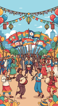 A vibrant cultural festival with diverse people and flags