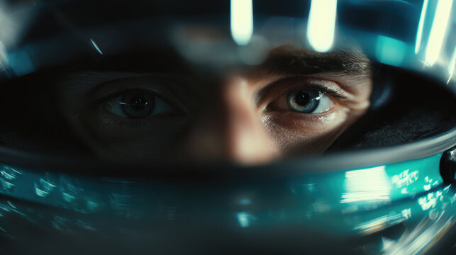 Close up portrait of male face in reflective helmet visor, blue eye, intense gaze, futuristic lighting, dark background
