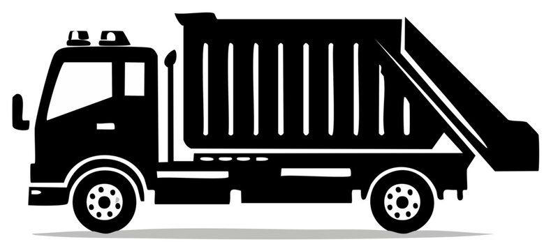 Garbage truck illustration, waste disposal truck, municipal vehicle vector silhouette