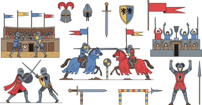 Medieval tournament vector illustration with knights jousting and combat