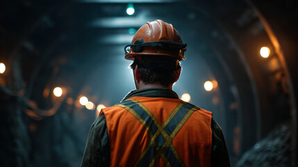 Obraz premium Underground miner in tunnel with helmet and safety vest, back view in modern mine corridor