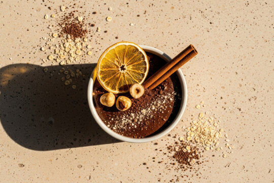 Top view of chocolate smoothie bowl topped with dried orange slice, cinnamon stick and hazelnuts on a beige stone surface with oats and cocoa powder scattered around
