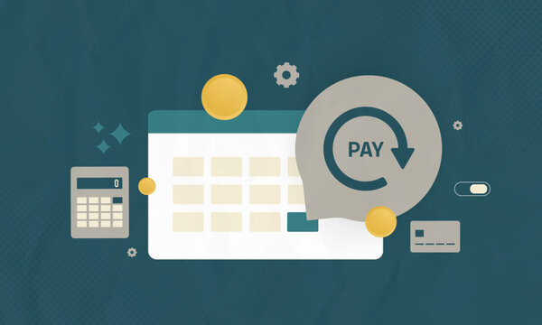 Subscription payment with recurring billing and automated transaction in digital interface. Recurring payment workflow with subscription billing system and payment processing vector illustration