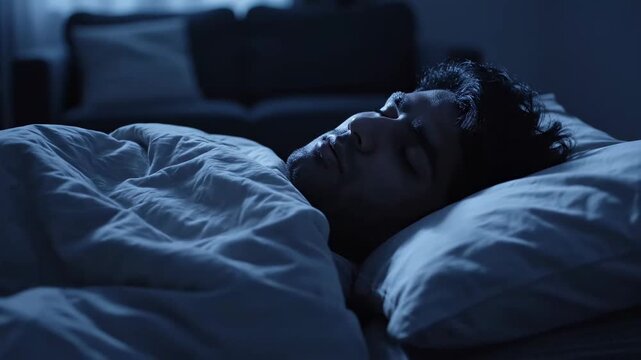A Person Sleeping Peacefully at Night in Bed with a Comforter and Pillow