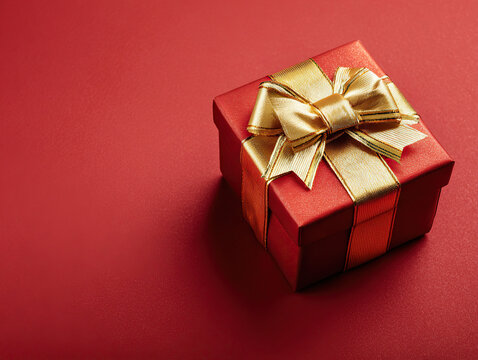 Red Gift Box with Golden Bow on Red Background