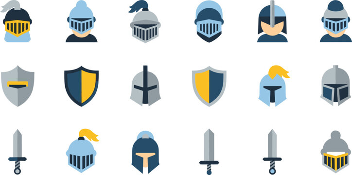Medieval icon vector illustrations with helmets, shields, and swords