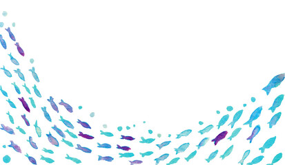 Watercolor underwater fish frame, transparent PNG, tropical ocean border with seaweed, marine life background, copy space / 水彩 海中 魚 フレーム 透過PNG 熱帯魚 海藻 海 洋風 背景素材 コピースペース 魚の群れ © ree_illustration