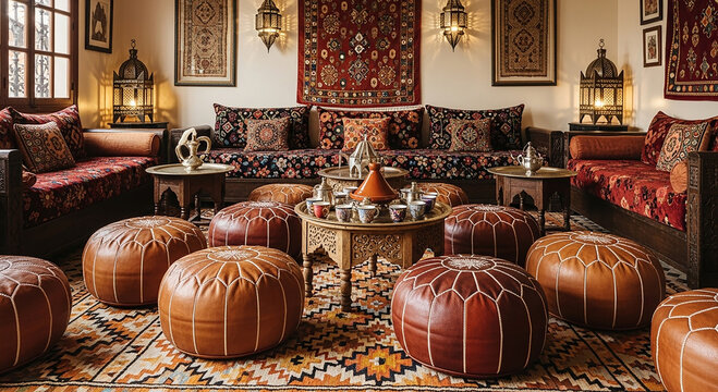Moroccan Lounge with Brown Poufs and Ornate Decor cushions