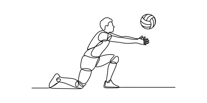Continuous one line drawing of a volleyball player bumping and hitting the ball during a match game Vector, illustration