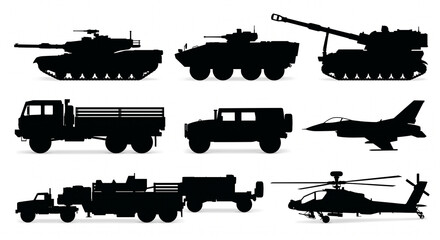 Obraz premium Complete Collection of Military Vehicles and Aircraft Silhouette Vector Icons: Black Armored Tank, Armored Fighting Vehicle, Self-Propelled Howitzer, Truck, Humvee, Fighter Jet, Rocket Launcher, and A