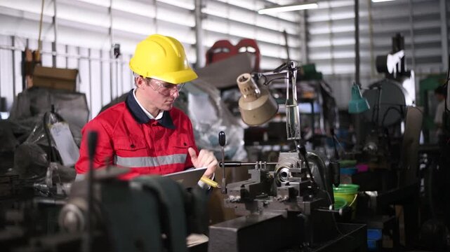Engineer Industrial work with lathe machine operating in workshop precisely shaping metal workpiece cutting tools rotating spindle controlled movement  accuracy machining and manufacturing processes.