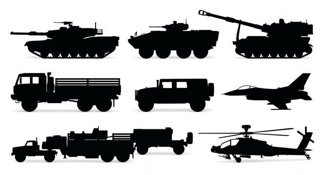 Complete Collection of Military Vehicles and Aircraft Silhouette Vector Icons: Black Armored Tank, Armored Fighting Vehicle, Self-Propelled Howitzer, Truck, Humvee, Fighter Jet, Rocket Launcher, and A