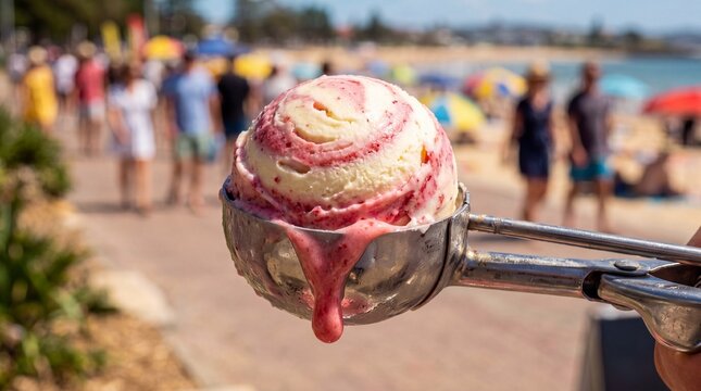 Melting strawberry swirl ice cream scoop in metal scooper at beach