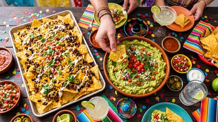 Loaded beef nachos and fresh guacamole dip served at a festive Cinco de Mayo party